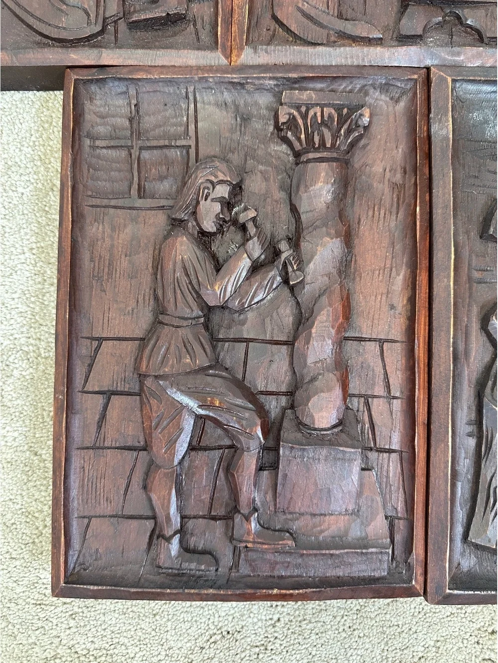VTG Spanish Hand Carved Wood Medieval Trades Bas Relief Wall Plaques Set of 5